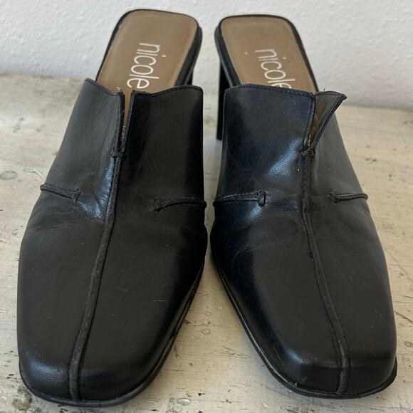 Vintage Nicole Black Leather Mules square toe block heel 90s Y2K minimalist 8 - Picture 3 of 13